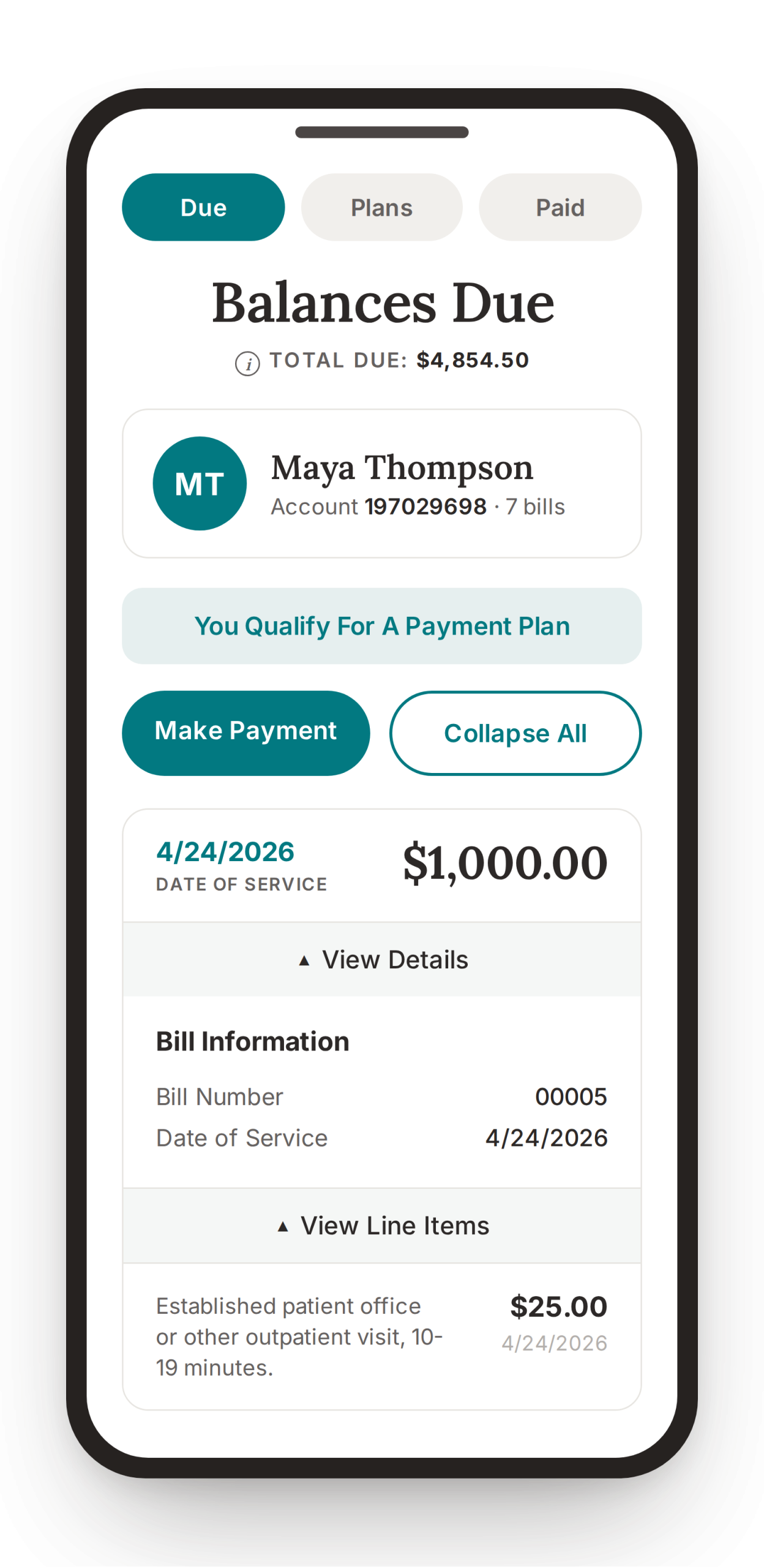 Digital Payments patient payment screen showing balances due and payment options