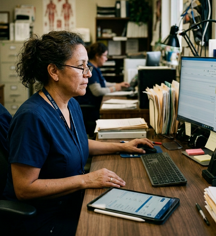Medical practice billing administrator reviewing patient account balances on her computer and tablet at a front-desk workstation