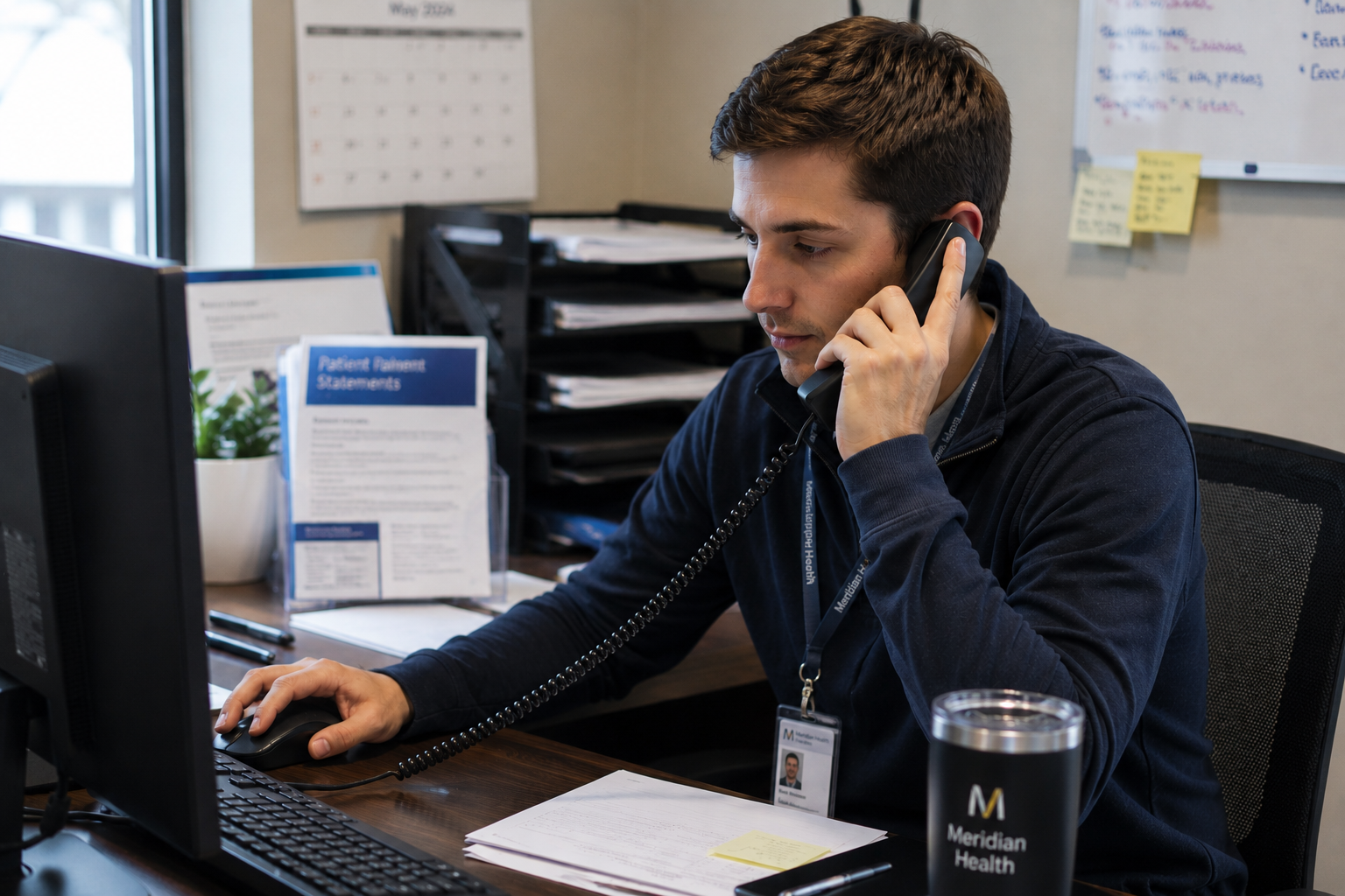 Healthcare administrative staff member speaking with a patient on the phone while using patient billing software at his desk.
