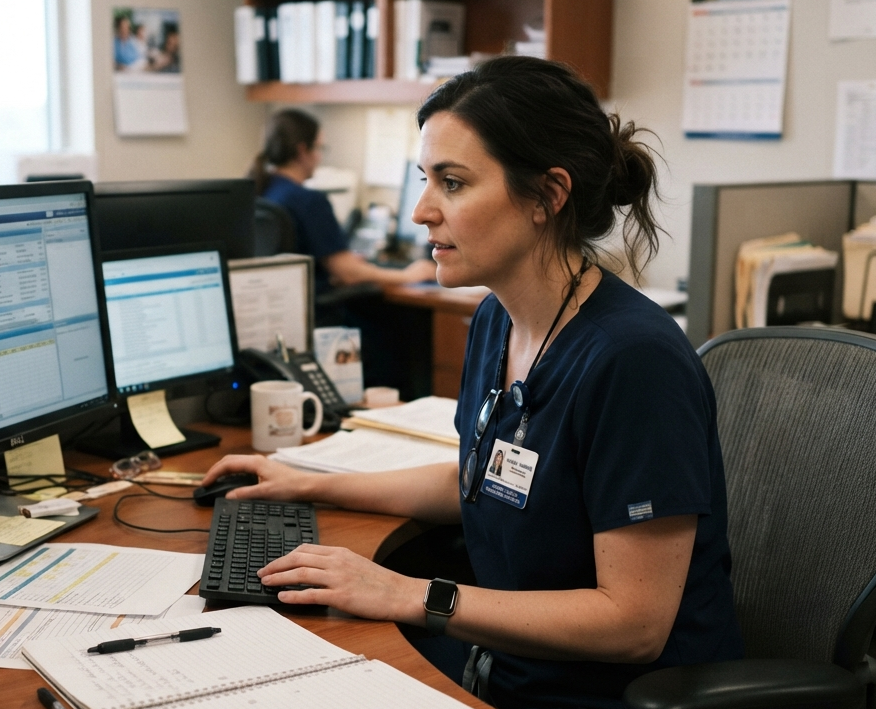 A healthcare billing team member reviewing records at her workstation