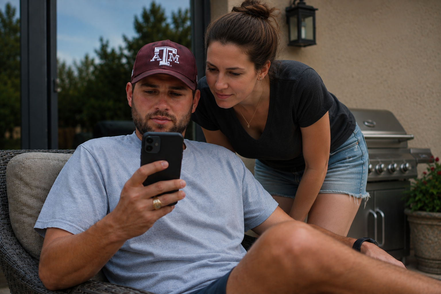 husband wife texas looking at cell phone to pay their healthcare bill
