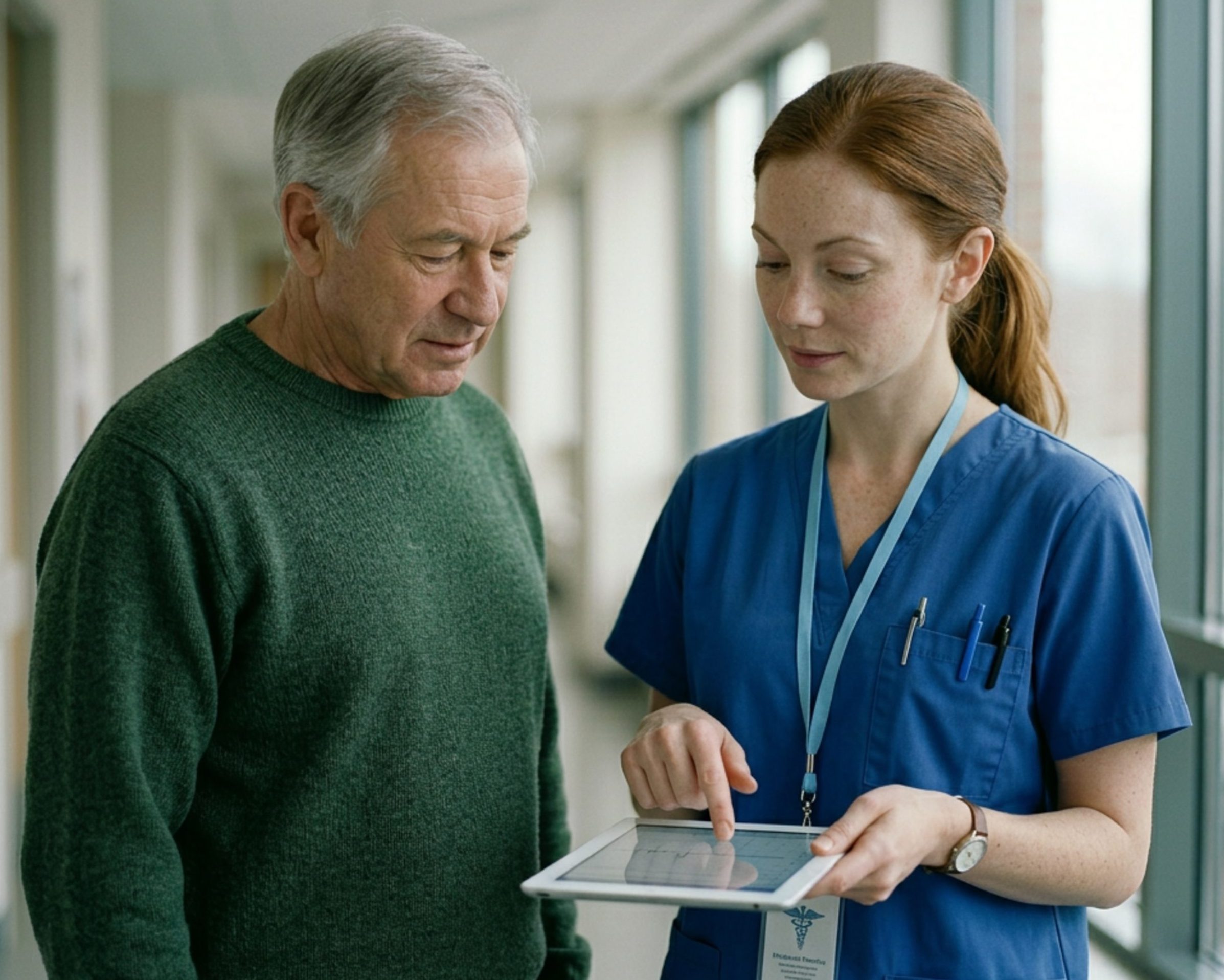 woman nurse pointing at table device next to elderly man in sweater at hospital talking about medical billing