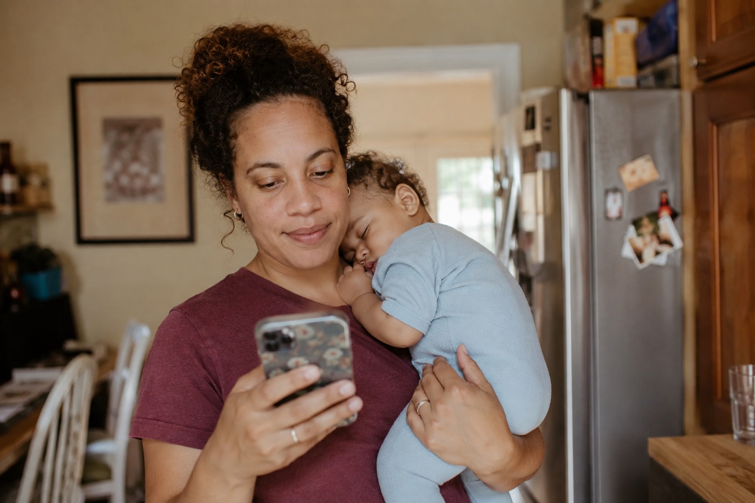 Mother holding her sleeping baby in the kitchen while paying a medical bill on her phone