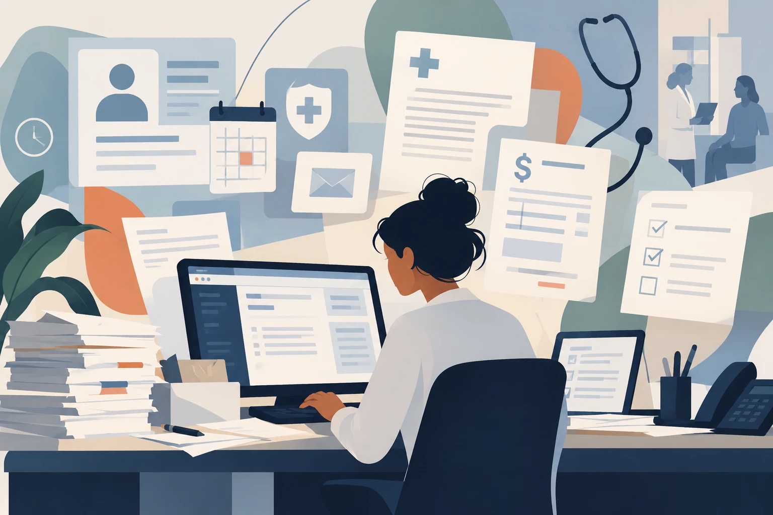 Medical practice staff member at a workstation surrounded by billing, insurance, eligibility, and scheduling tasks that drive administrative burden