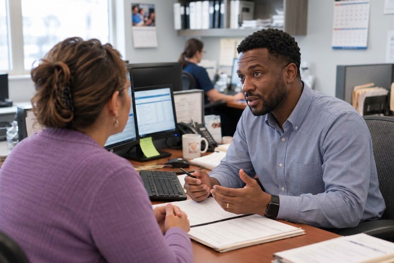 Billing staff at The Cardiovascular Center of Florida discussing a patient account at a workstation using Rivia Health